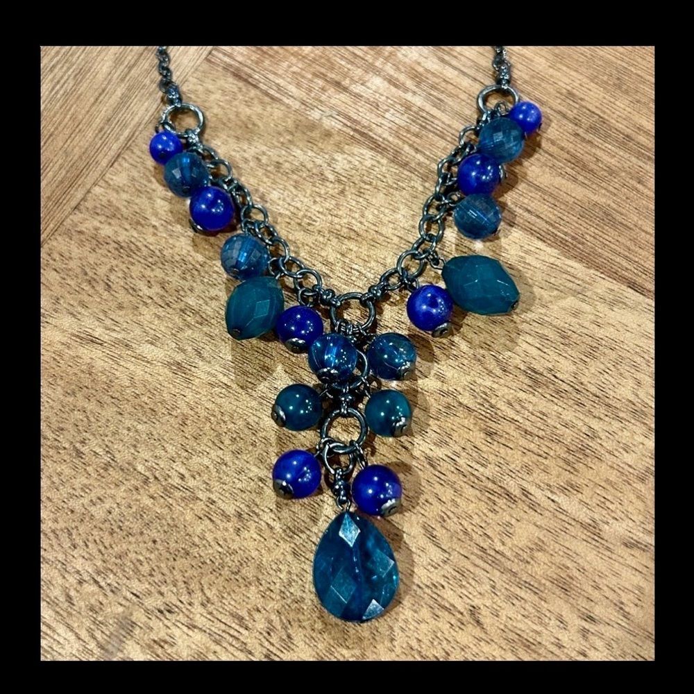 Y Necklace Blue Sapphire Beaded Cobalt Bluish Teal Beads Boho 16” + black chain